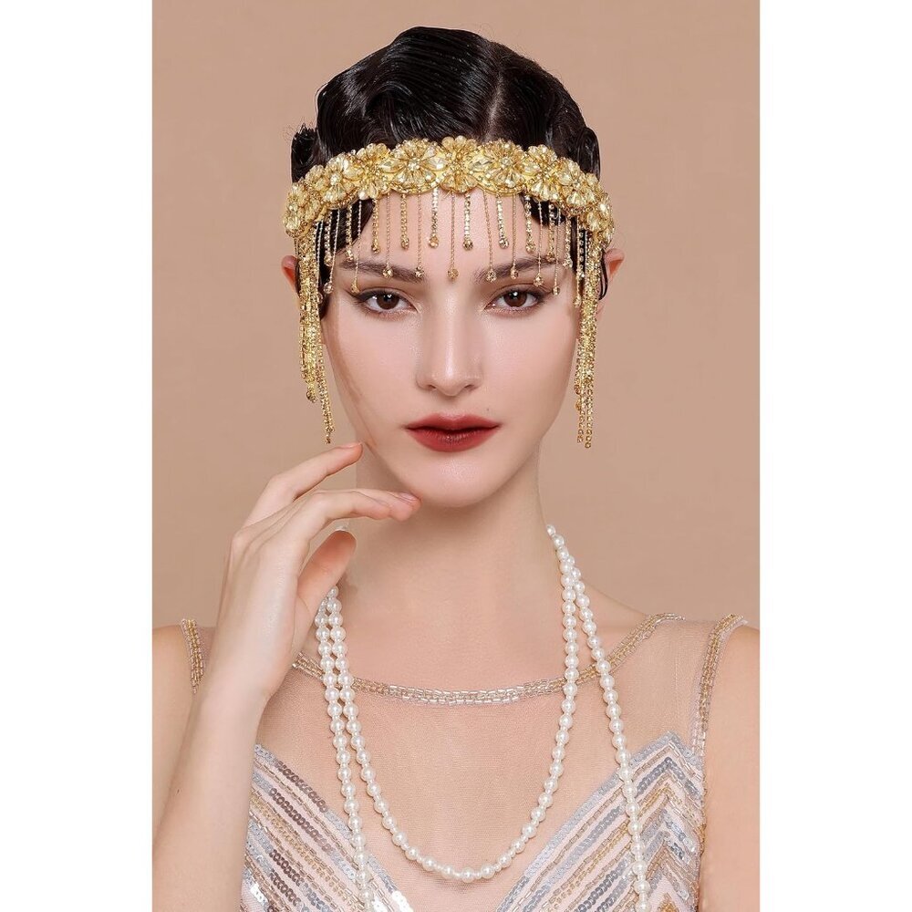 1920s Flapper Headpiece Rhinestone Bead Chain Vintage Hair Accessory - Picture 2 of 6